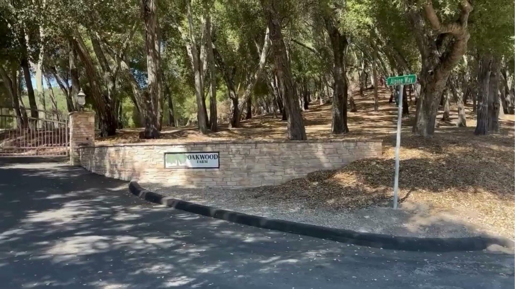 Property entrance with oak trees